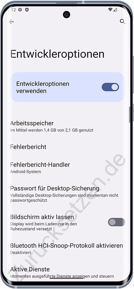 Menü „Entwickleroptionen“ auf Android