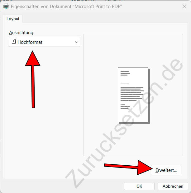 Dokumenteigenschaften zum Drucken als PDF