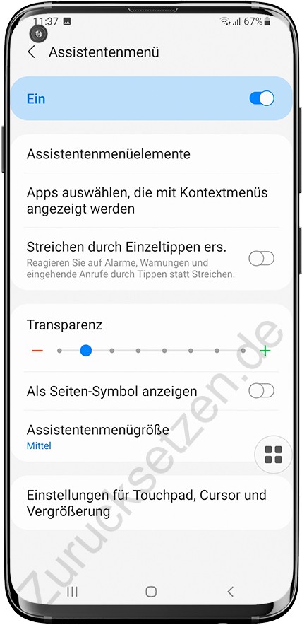 Einstellungsmenü für Unterstützung Samsung Galaxy