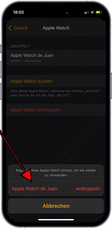 Bestätigen Sie das Entkoppeln der Apple Watch