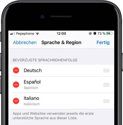Bestellsprachen ändern iOS