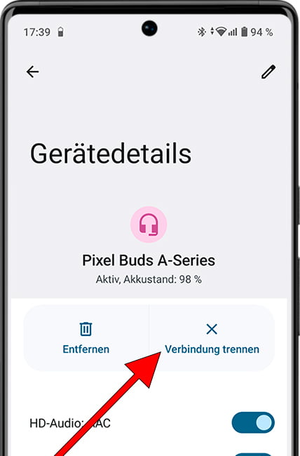 Trennen Sie das Bluetooth-Gerät auf Android.