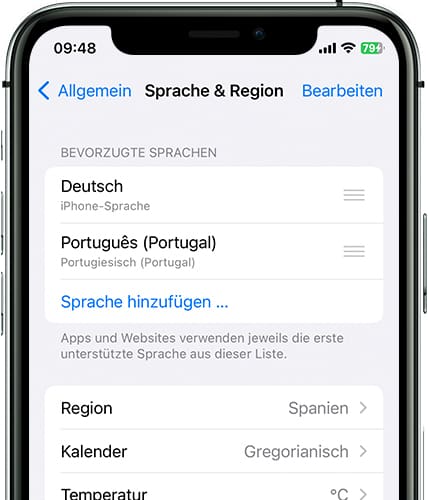 Bestellsprachen ändern iOS