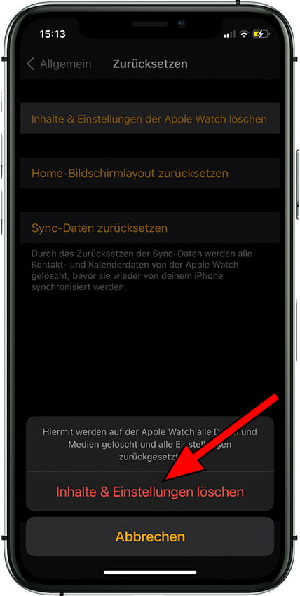 Bestätigen Sie das Löschen von Inhalten und Einstellungen Apple Watch