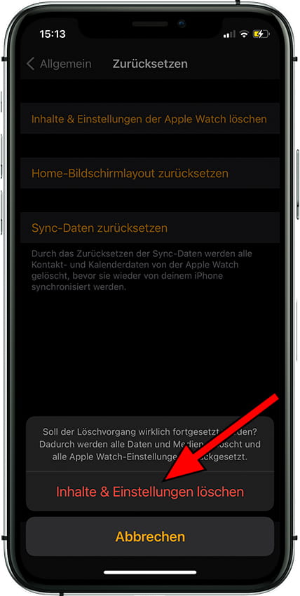 Bestätigen Sie das Löschen von Inhalten und Einstellungen Apple Watch