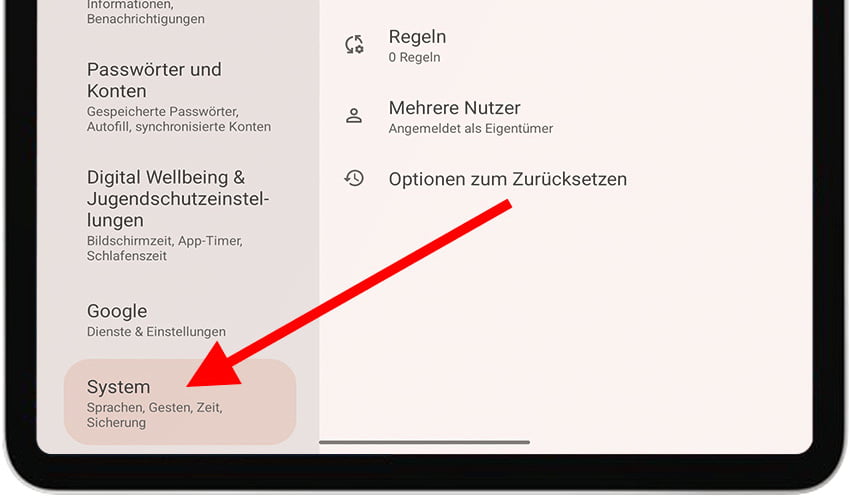 Systemabschnitt auf Android